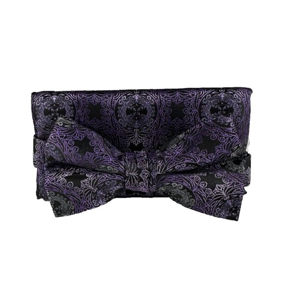 Stacy Adams Men's Bow Tie Hanky Set Purple Charcoal Gray Lavender Black Silver - Picture 2 of 4